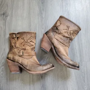 Liberty Boots Women's 10 Western Harness Brown Studded Leather Mid Calf Boho