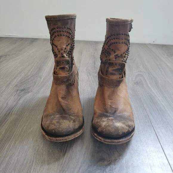 Liberty Boots Women's 10 Western Harness Brown Studded Leather Mid Calf Boho