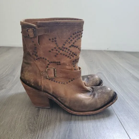 Liberty Boots Women's 10 Western Harness Brown Studded Leather Mid Calf Boho