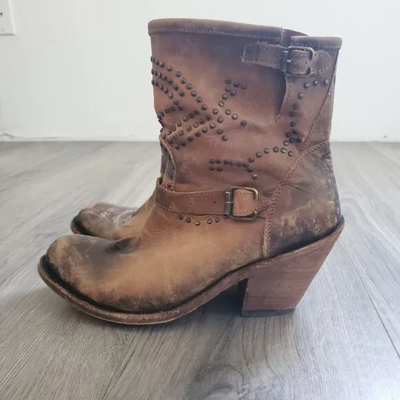 Liberty Boots Women's 10 Western Harness Brown Studded Leather Mid Calf Boho