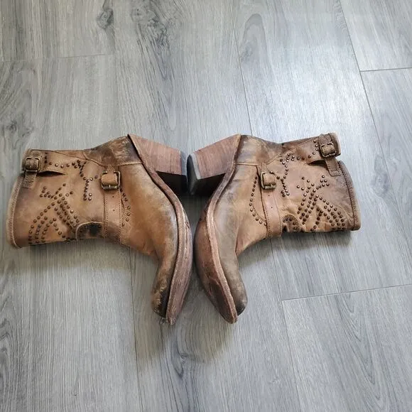 Liberty Boots Women's 10 Western Harness Brown Studded Leather Mid Calf Boho