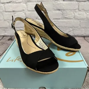 Life Stride Socialite Slingback Sandal Jute Wedge Black Canvas 7 Wide Width NEW