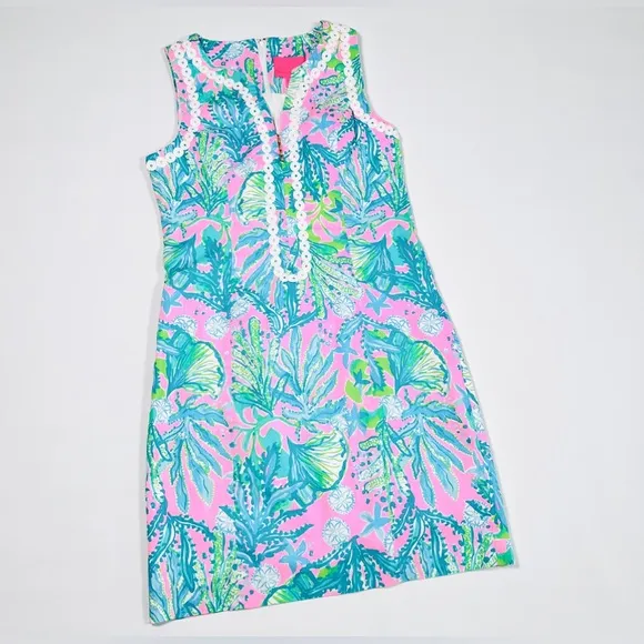 Lilly Pulitzer Delila Shift Dress Size 4 Pink Aqua Blue Green Zipper Front