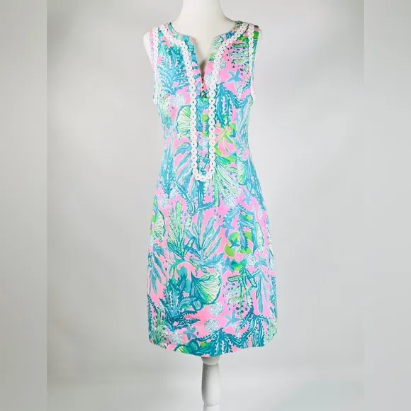 Lilly Pulitzer Delila Shift Dress Size 4 Pink Aqua Blue Green Zipper Front