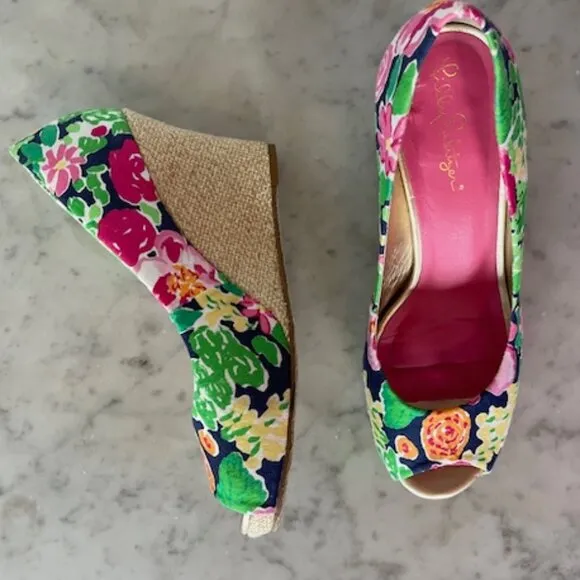 LILLY PULITZER Resort Chic Wedge Mini Getaway Garden Peep Toe Espadrille…