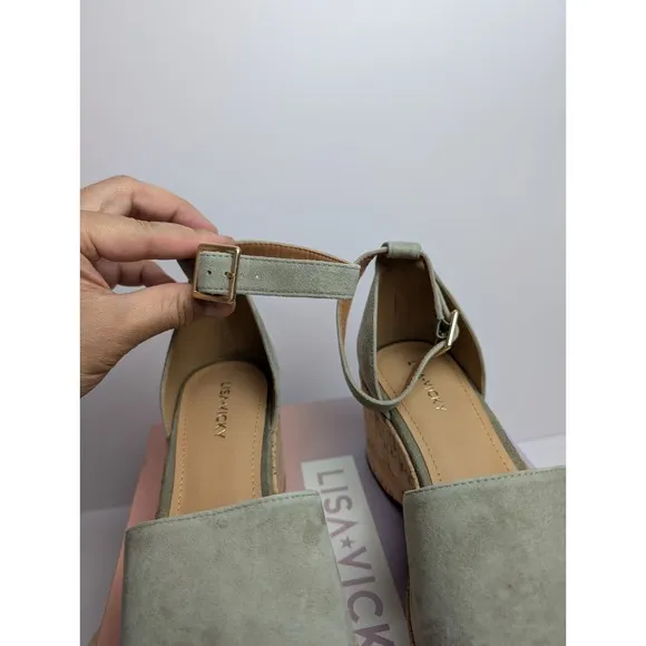 Lisa Vicky Laud Platform Wedge Sandals Womens 8.5 M Grey Ankle Strap Suede New