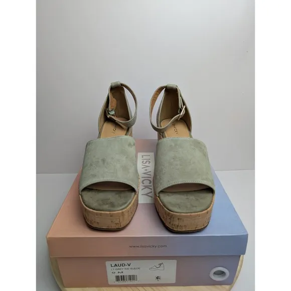Lisa Vicky Laud Platform Wedge Sandals Womens 8.5 M Grey Ankle Strap Suede New