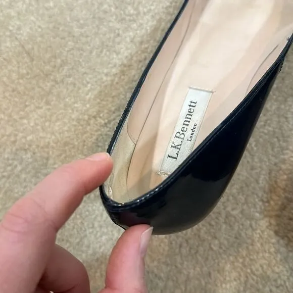 L.K. Bennett London Women Edee Open Peep Toe Wedge Patent Navy Blue Size 38 / 7