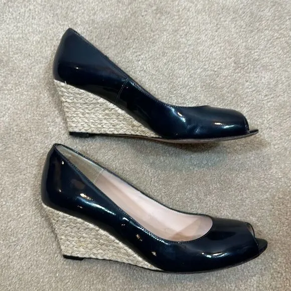 L.K. Bennett London Women Edee Open Peep Toe Wedge Patent Navy Blue Size 38 / 7