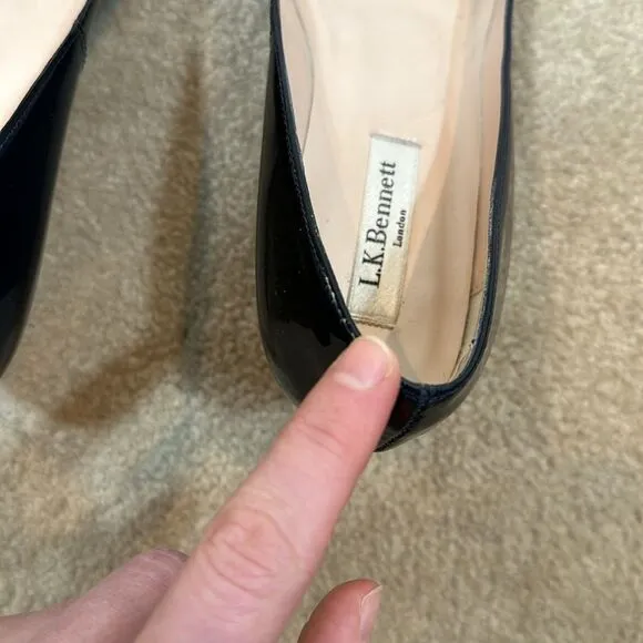 L.K. Bennett London Women Edee Open Peep Toe Wedge Patent Navy Blue Size 38 / 7