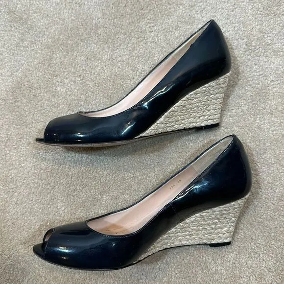 L.K. Bennett London Women Edee Open Peep Toe Wedge Patent Navy Blue Size 38 / 7