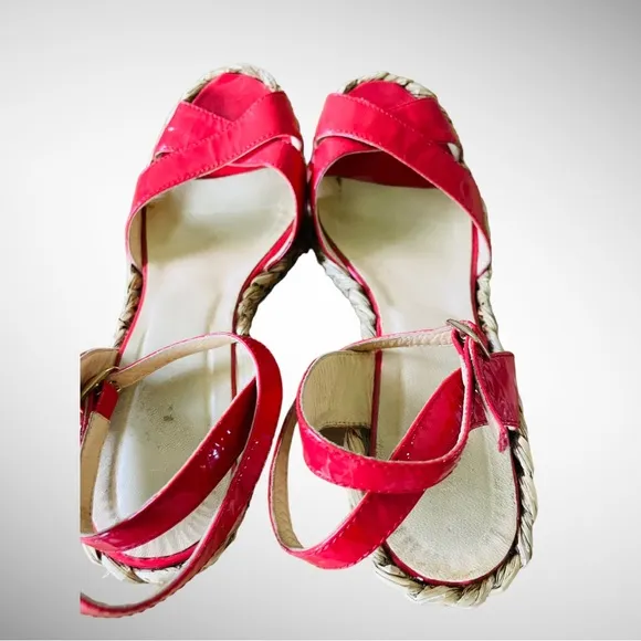 LK BENNETT RED PATENT STAPPY ESPADRILLE RAFFIA WEDGE SIZE 8