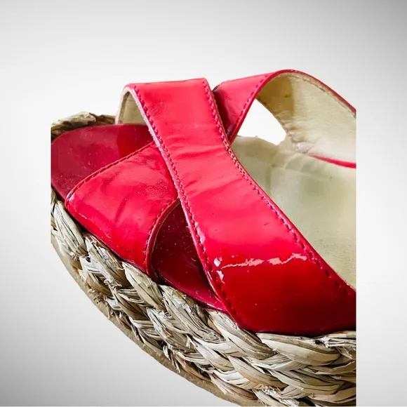 LK BENNETT RED PATENT STAPPY ESPADRILLE RAFFIA WEDGE SIZE 8