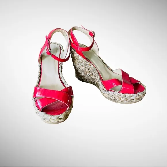 LK BENNETT RED PATENT STAPPY ESPADRILLE RAFFIA WEDGE SIZE 8