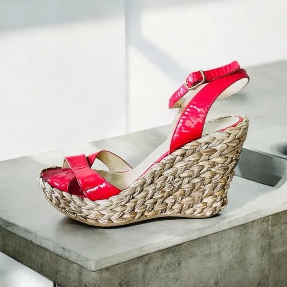 LK BENNETT RED PATENT STAPPY ESPADRILLE RAFFIA WEDGE SIZE 8