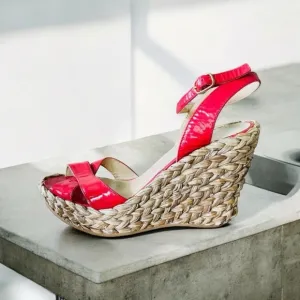 LK BENNETT RED PATENT STAPPY ESPADRILLE RAFFIA WEDGE SIZE 8