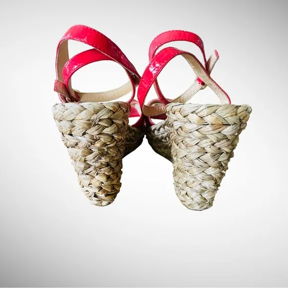 LK BENNETT RED PATENT STAPPY ESPADRILLE RAFFIA WEDGE SIZE 8