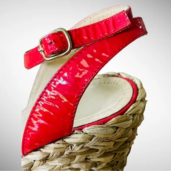 LK BENNETT RED PATENT STAPPY ESPADRILLE RAFFIA WEDGE SIZE 8