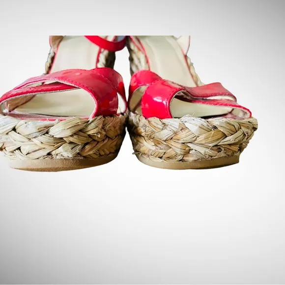 LK BENNETT RED PATENT STAPPY ESPADRILLE RAFFIA WEDGE SIZE 8