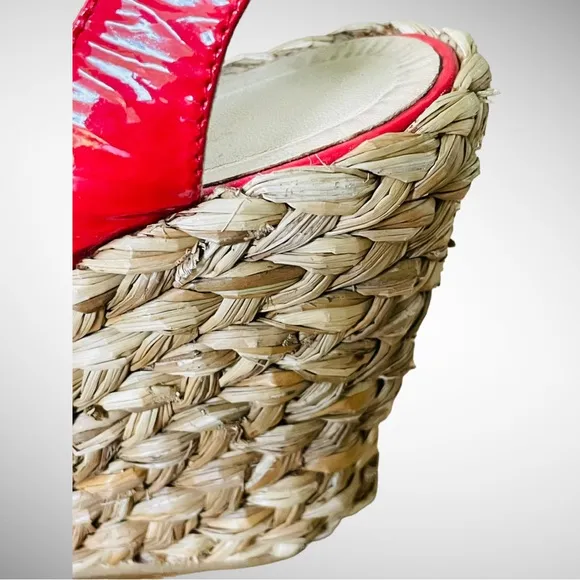 LK BENNETT RED PATENT STAPPY ESPADRILLE RAFFIA WEDGE SIZE 8