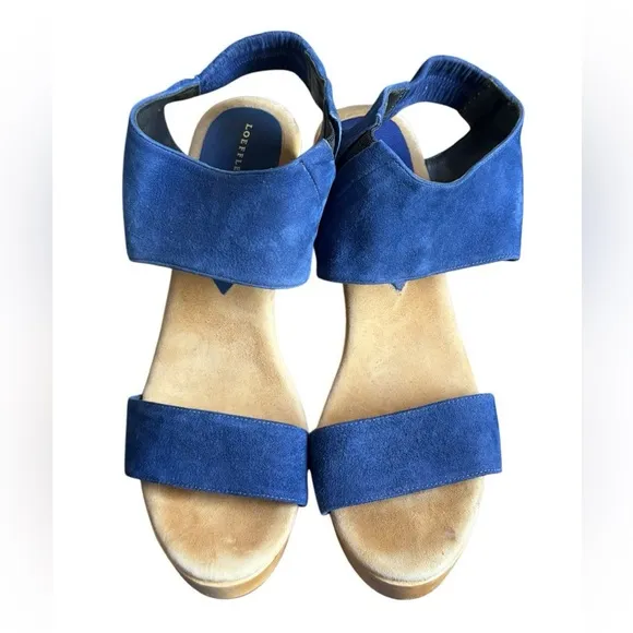 loeffler randall wooden heels sandals in blue suede, size 9