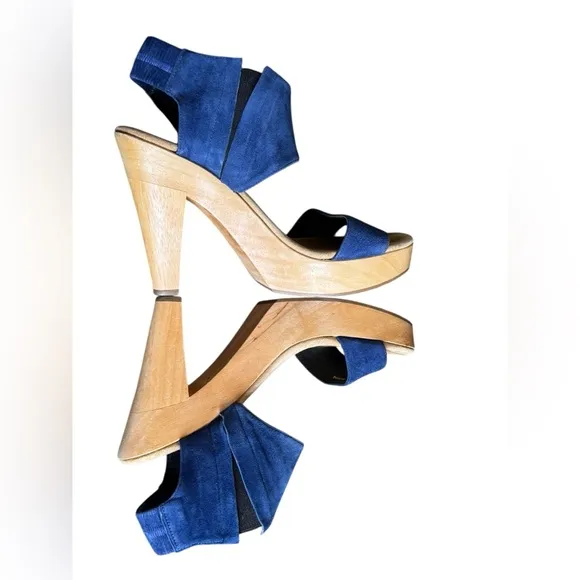 loeffler randall wooden heels sandals in blue suede, size 9