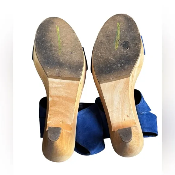 loeffler randall wooden heels sandals in blue suede, size 9