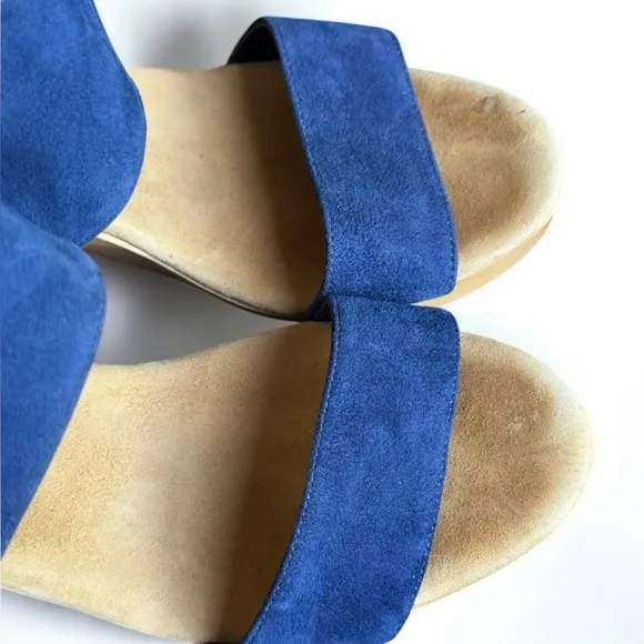 loeffler randall wooden heels sandals in blue suede, size 9
