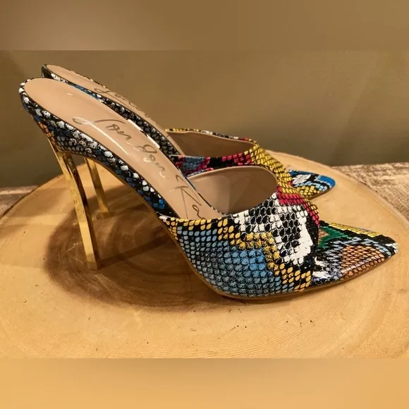 London Rag Bottoms Up Slip On Stiletto Heels Multicolor Snakeskin 7.5 New ￼
