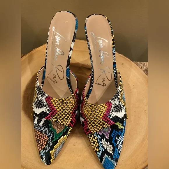 London Rag Bottoms Up Slip On Stiletto Heels Multicolor Snakeskin 7.5 New ￼