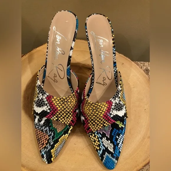 London Rag Bottoms Up Slip On Stiletto Heels Multicolor Snakeskin 7.5 New ￼