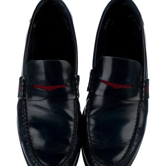 Louis Vuitton Men’s Navy Blue Leather Penny Loafers with Fabric Design Size 8.5