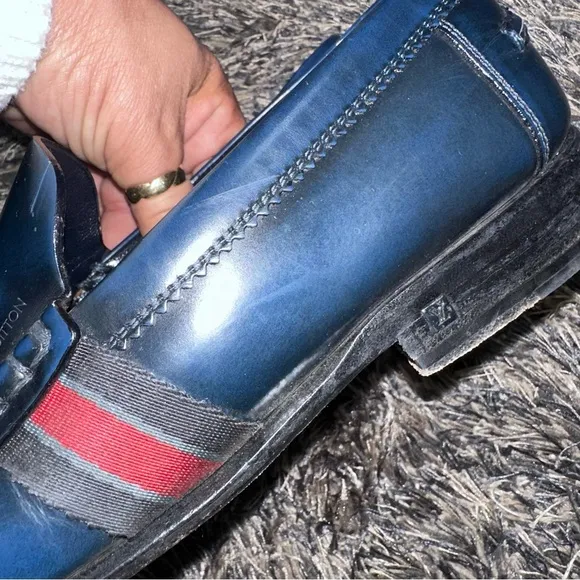 Louis Vuitton Men’s Navy Blue Leather Penny Loafers with Fabric Design Size 8.5