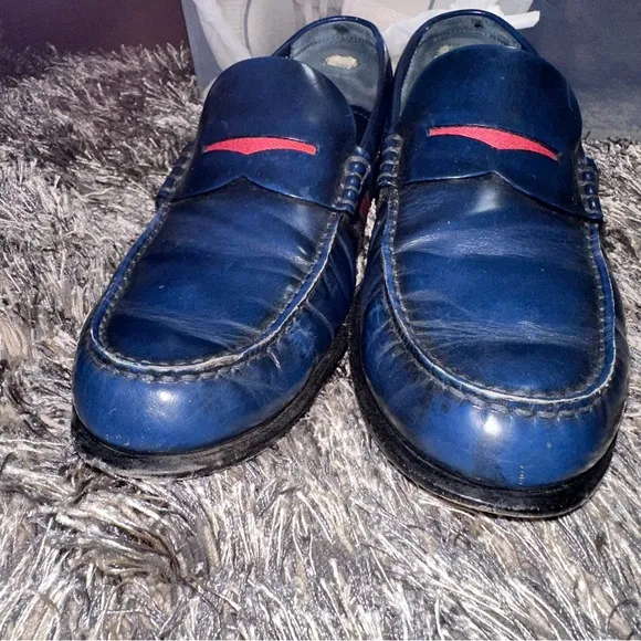 Louis Vuitton Men’s Navy Blue Leather Penny Loafers with Fabric Design Size 8.5