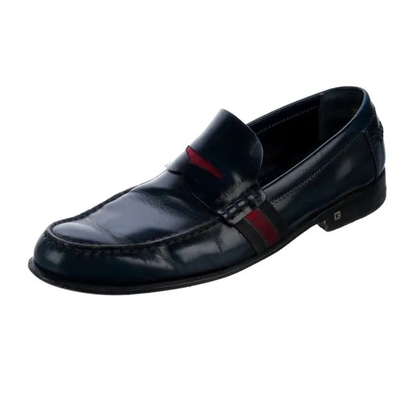 Louis Vuitton Men’s Navy Blue Leather Penny Loafers with Fabric Design Size 8.5