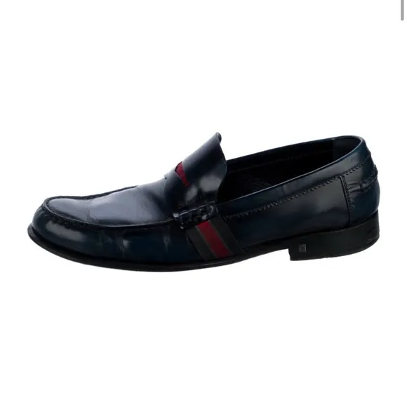 Louis Vuitton Men’s Navy Blue Leather Penny Loafers with Fabric Design Size 8.5