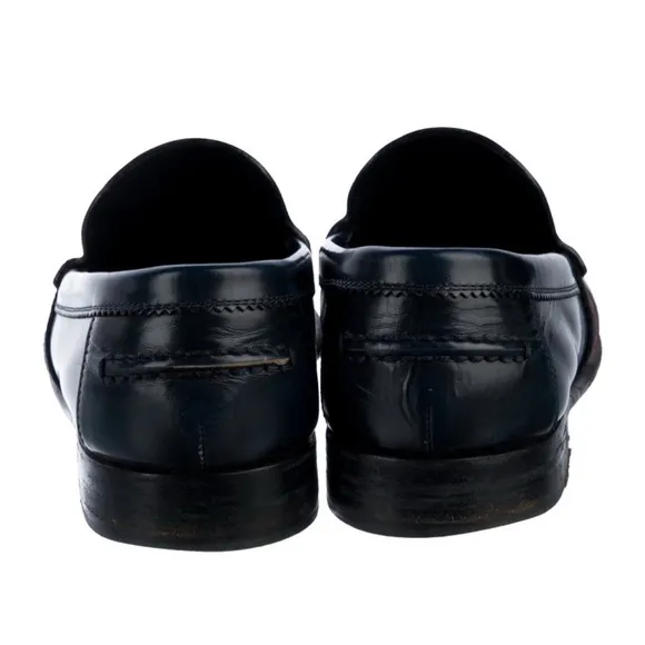 Louis Vuitton Men’s Navy Blue Leather Penny Loafers with Fabric Design Size 8.5