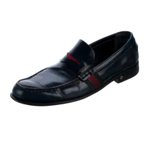 Louis Vuitton Men’s Navy Blue Leather Penny Loafers with Fabric Design Size 8.5