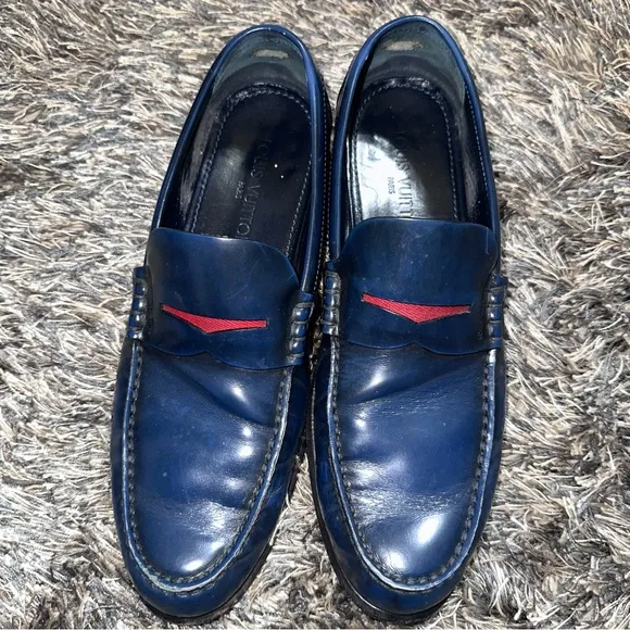 Louis Vuitton Men’s Navy Blue Leather Penny Loafers with Fabric Design Size 8.5