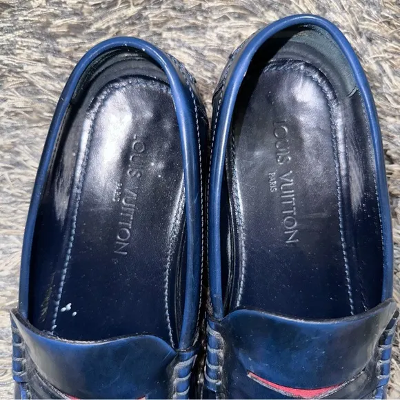 Louis Vuitton Men’s Navy Blue Leather Penny Loafers with Fabric Design Size 8.5