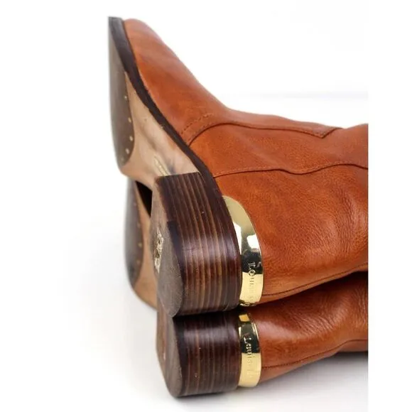 LOUISE ET CIE TAN BROWN GENUINE LEATHER LOW HEEL ROUND TOE SIDE ZIP BOOTS Sz 7M