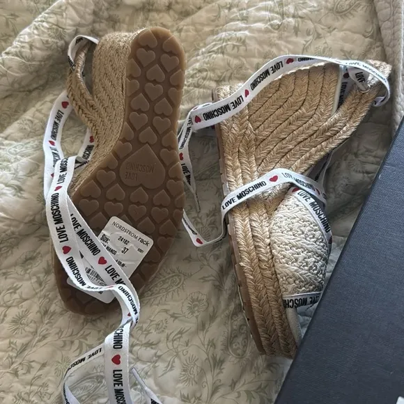 LOVE MOSCHINO Raffia Ankle Tie Espadrille Wedge Sandal New 37