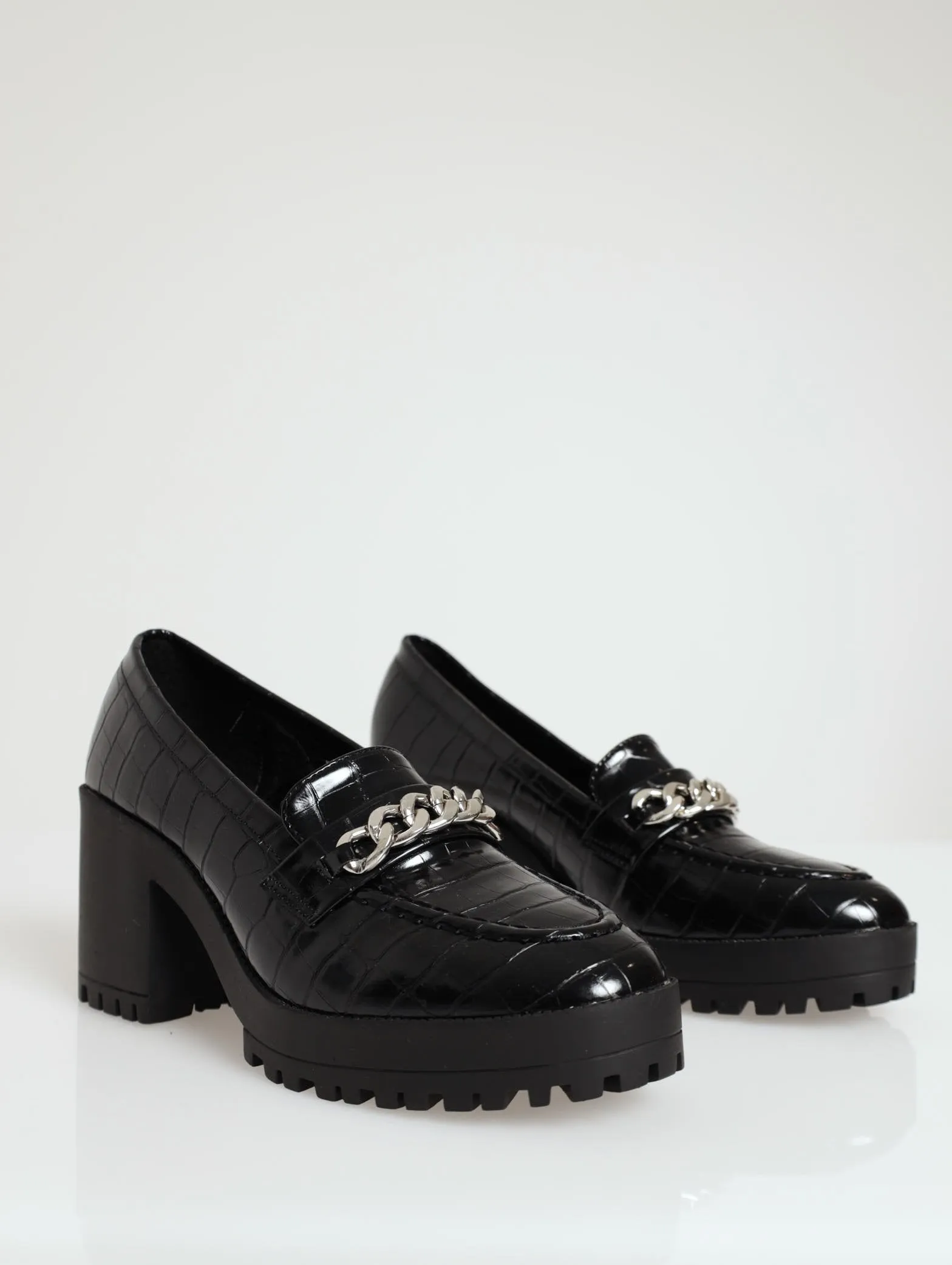 Low Block Heel Chain Loafer - Black