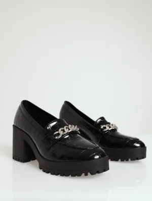 Low Block Heel Chain Loafer - Black