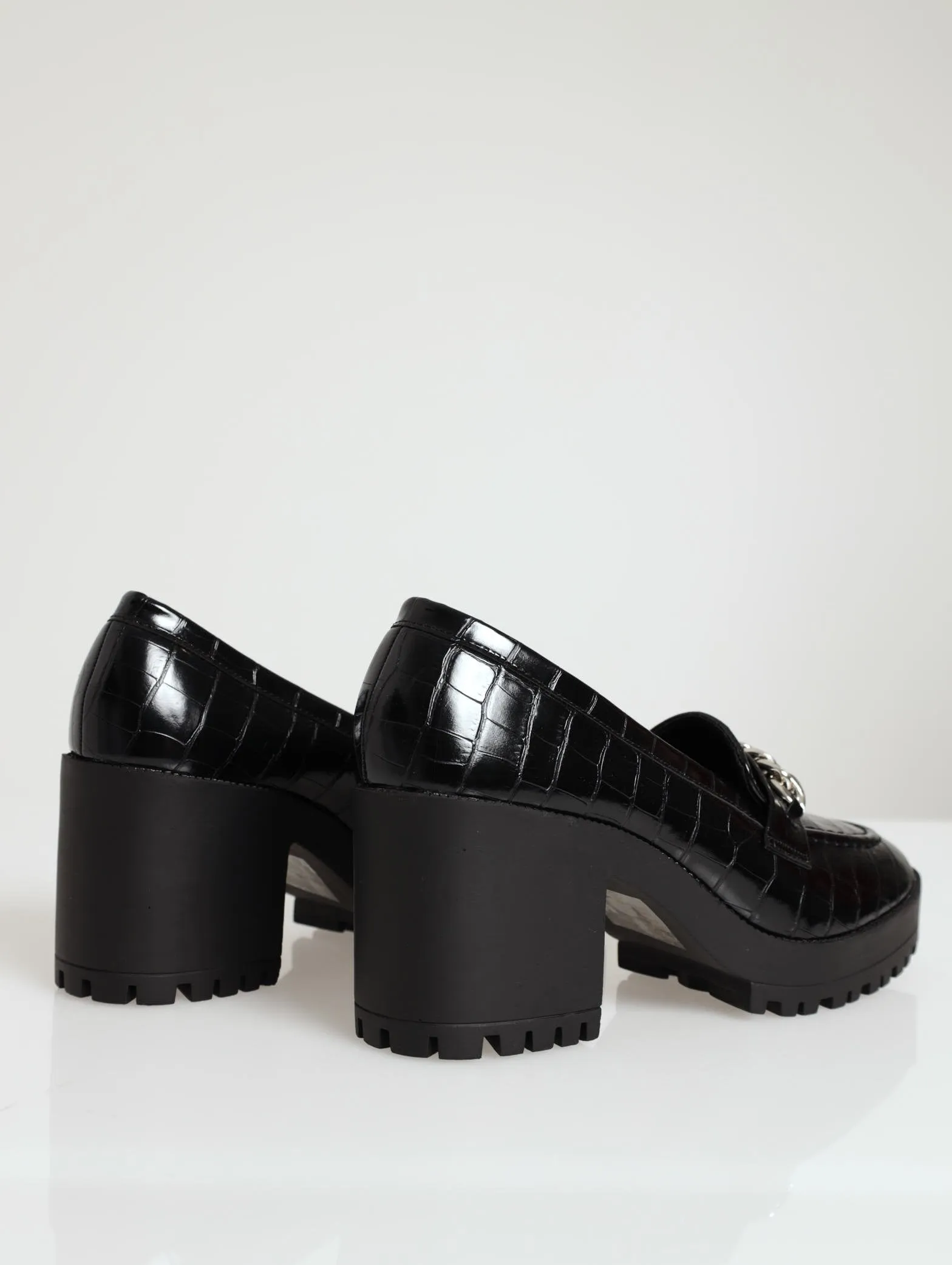 Low Block Heel Chain Loafer - Black