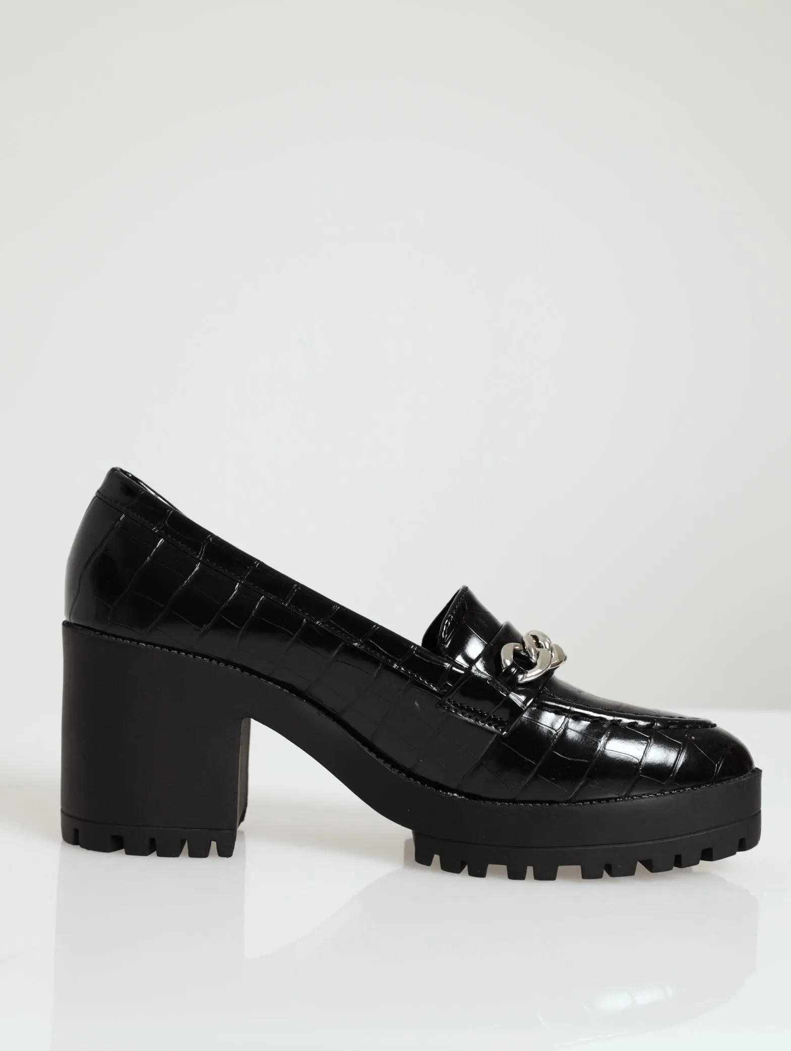 Low Block Heel Chain Loafer - Black