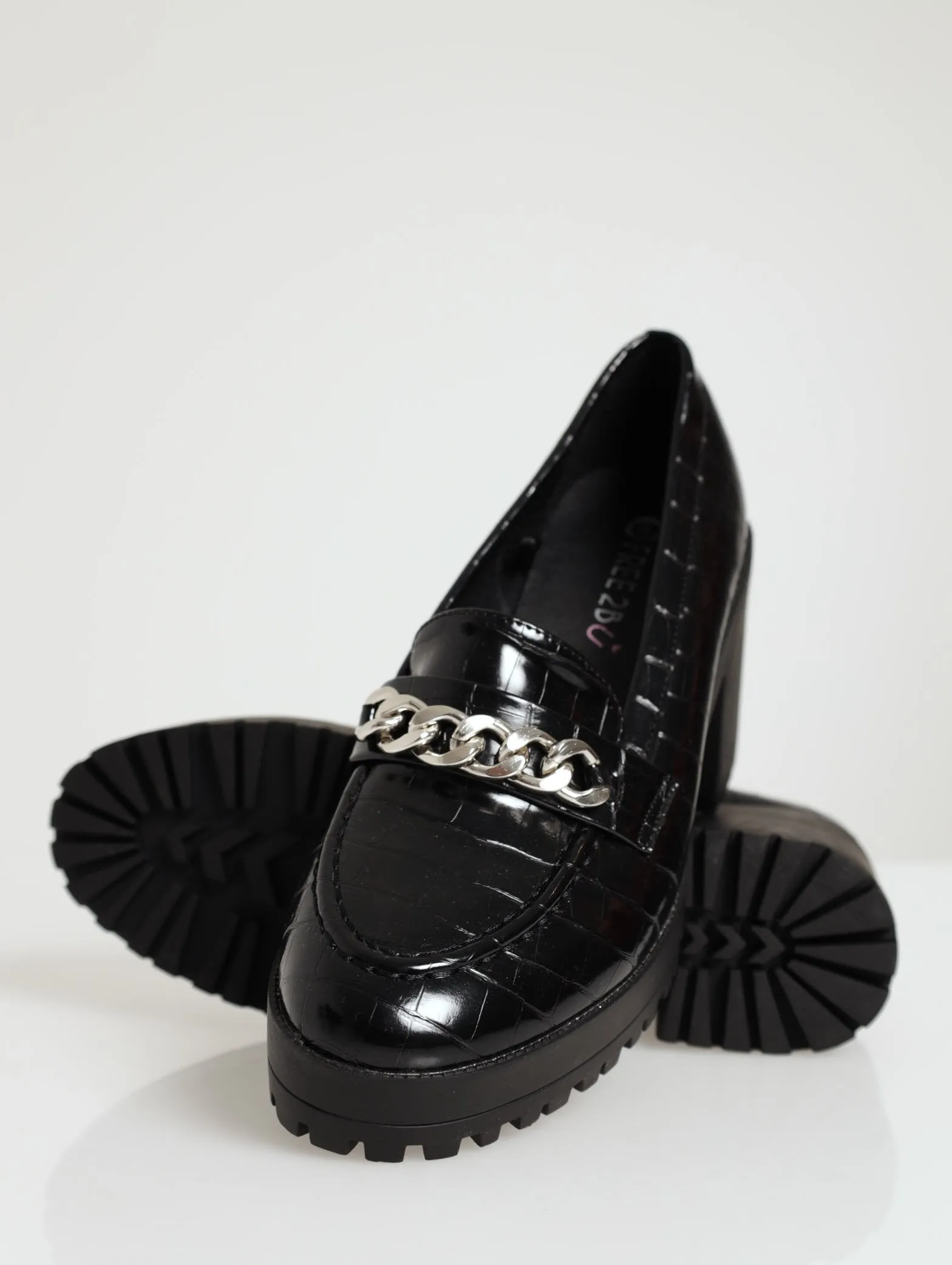 Low Block Heel Chain Loafer - Black