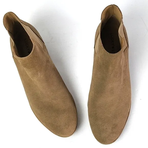 Lucky Brand Bellamy Tan Suede Leather Pull-on Chelsea Ankle Bootie Size …