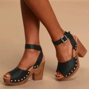 LUCKY BRAND NELORA Black Platform Heels Ankle Straps Sandals sz 9