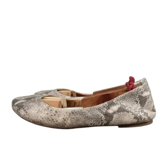 Lucky Brand Shoes Womens 8.5 Ballet Flats Slip On Emmie Leather Snake Print Grey